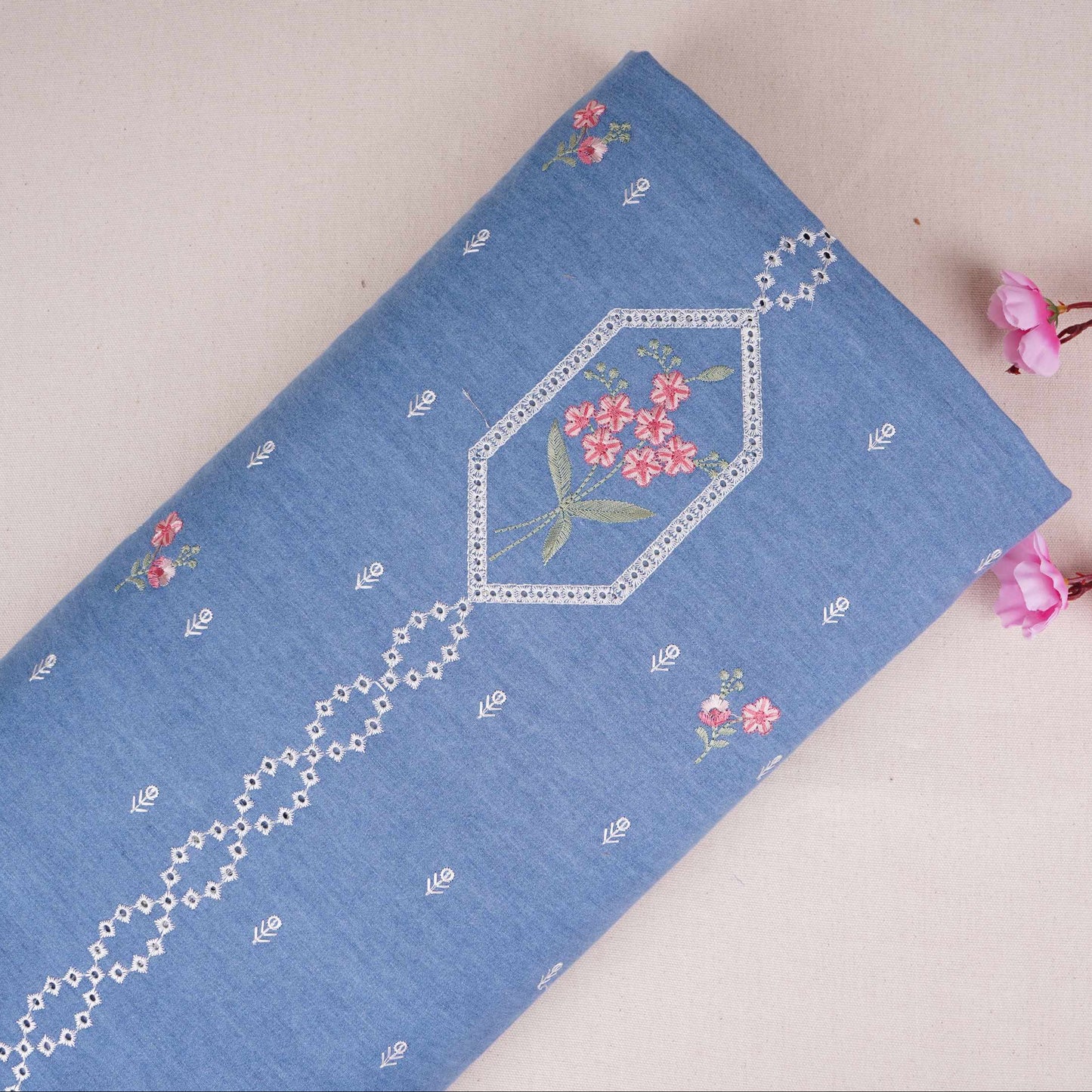 Sky Blue Floral Embroidery Denim Schiffli Fabric AF-30931