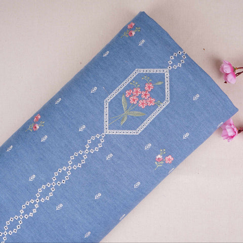 Sky Blue Floral Embroidery Denim Schiffli Fabric AF-30931