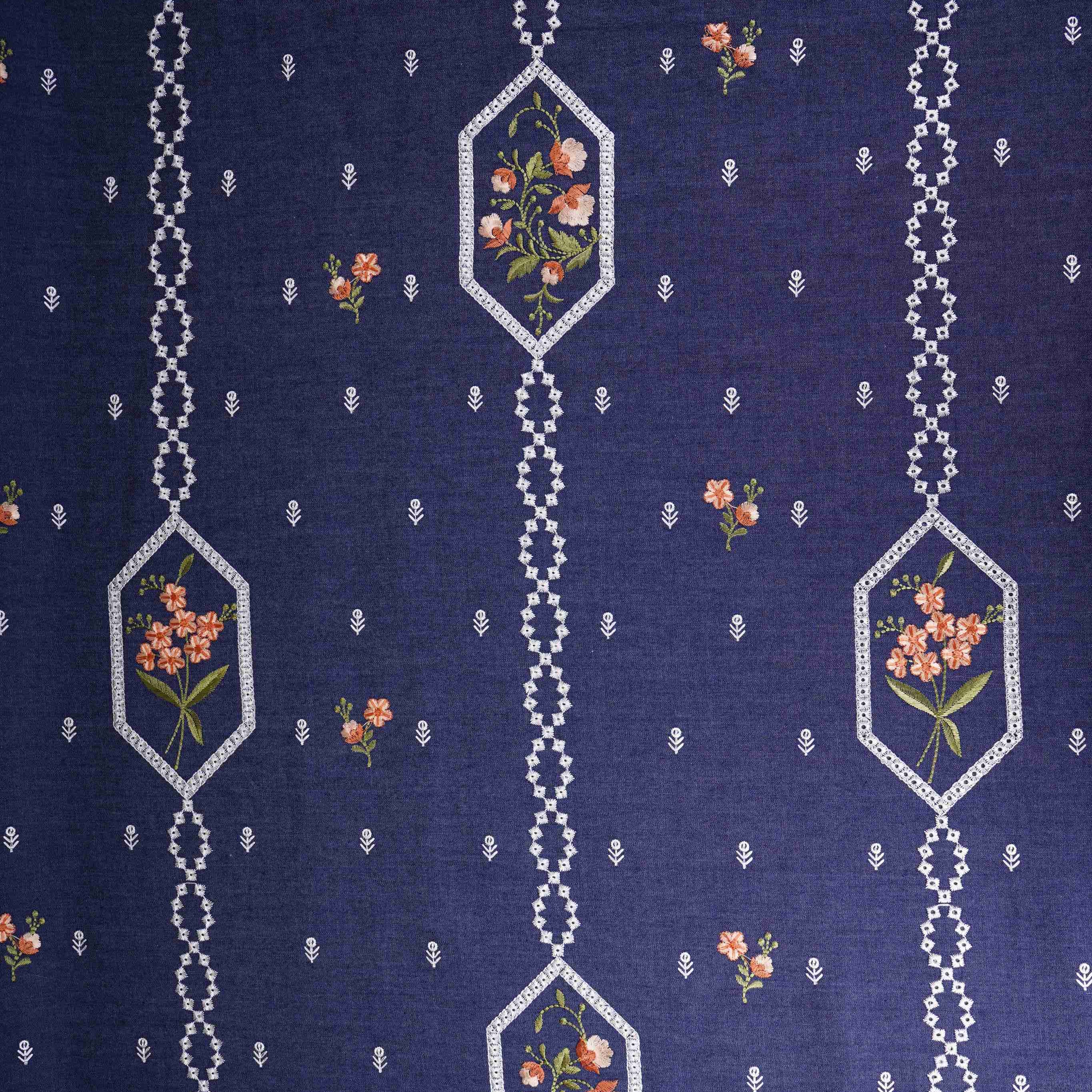 Denim Blue Floral Embroidery Denim Schiffli Fabric AF-30933 - TradeUNO