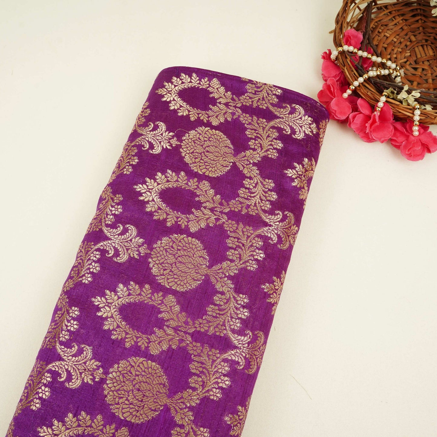 Purple Floral Jaal Raw Silk Fabric CW-32519