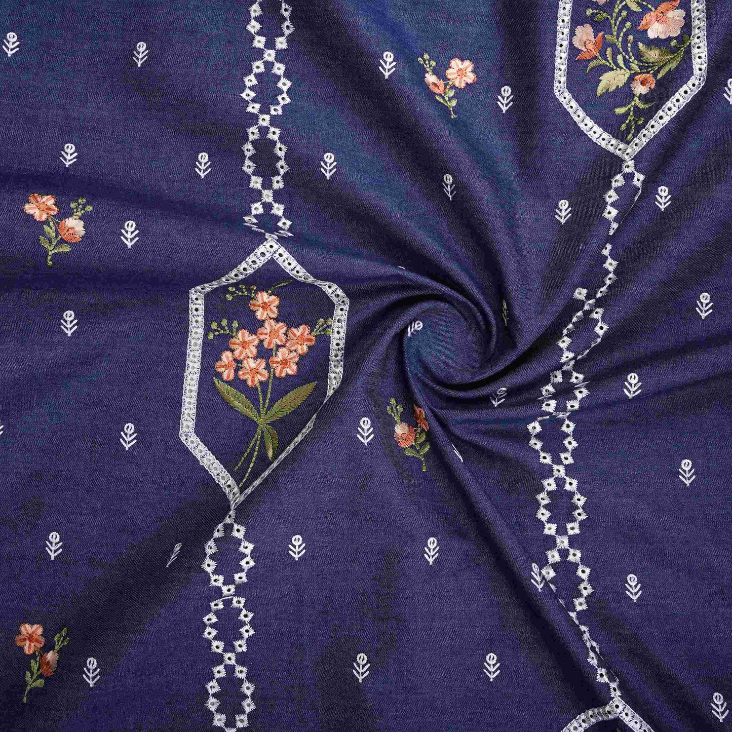 Denim Blue Floral Embroidery Denim Schiffli Fabric AF-30933