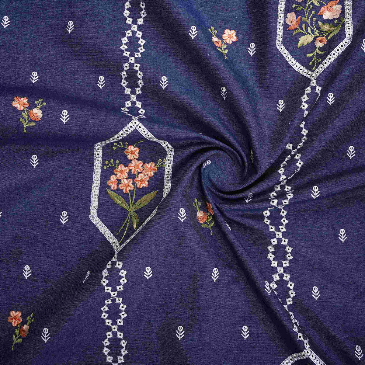 Denim Blue Floral Embroidery Denim Schiffli Fabric AF-30933 - TradeUNO