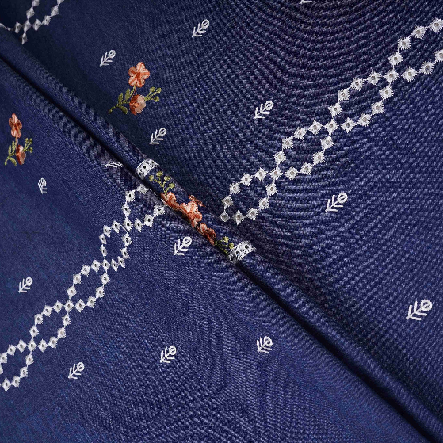 Denim Blue Floral Embroidery Denim Schiffli Fabric AF-30933