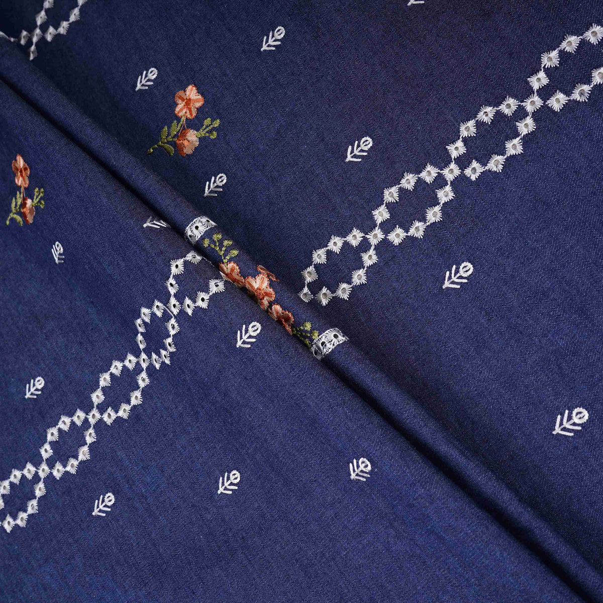 Denim Blue Floral Embroidery Denim Schiffli Fabric AF-30933 - TradeUNO