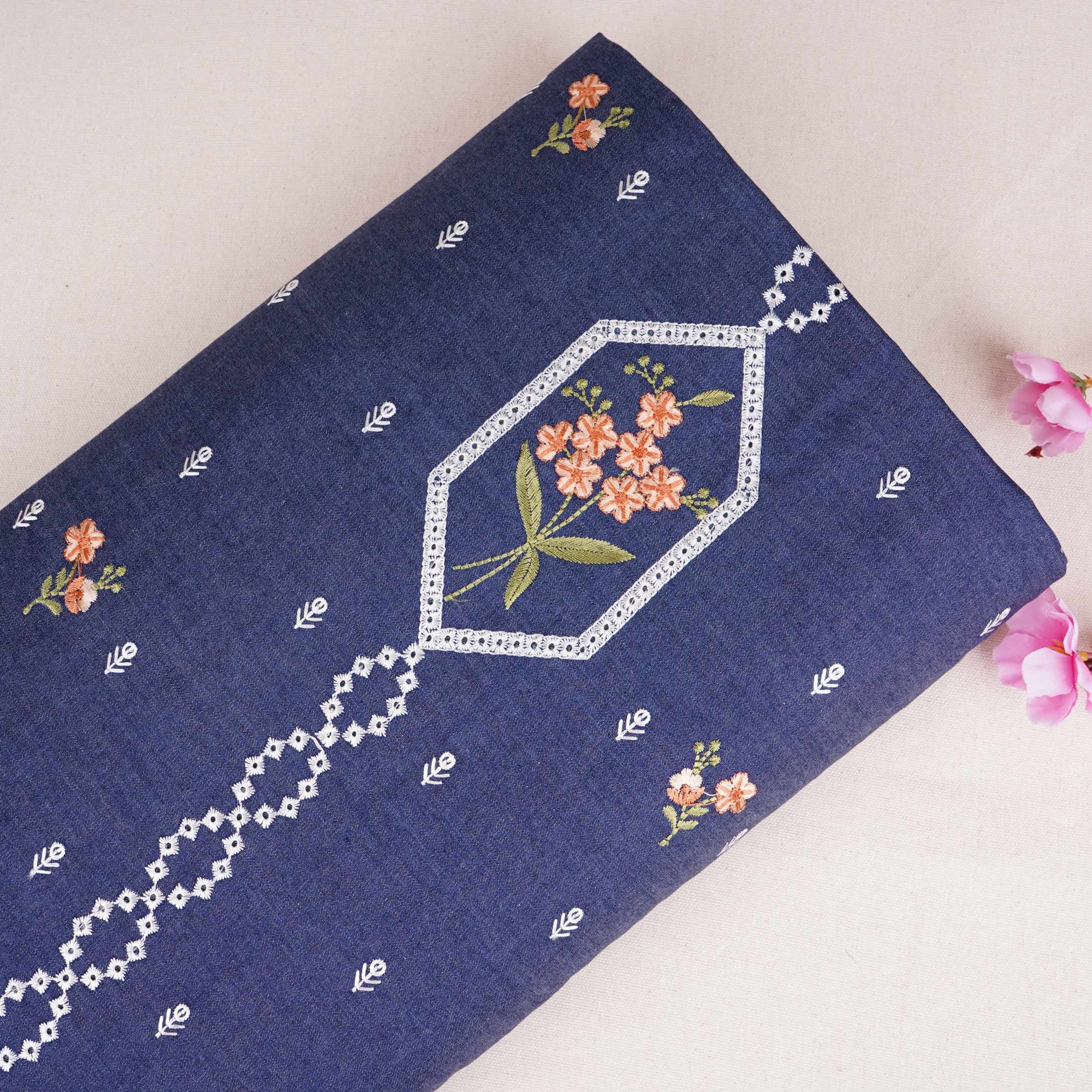 Denim Blue Floral Embroidery Denim Schiffli Fabric AF-30933 - TradeUNO