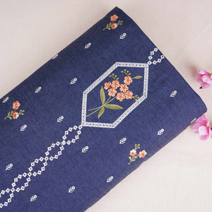Denim Blue Floral Embroidery Denim Schiffli Fabric AF-30933 - TradeUNO