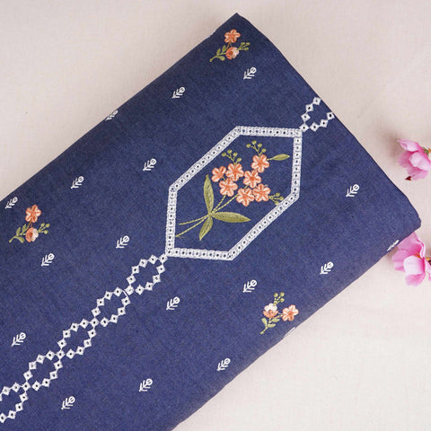 Denim Blue Floral Embroidery Denim Schiffli Fabric AF-30933