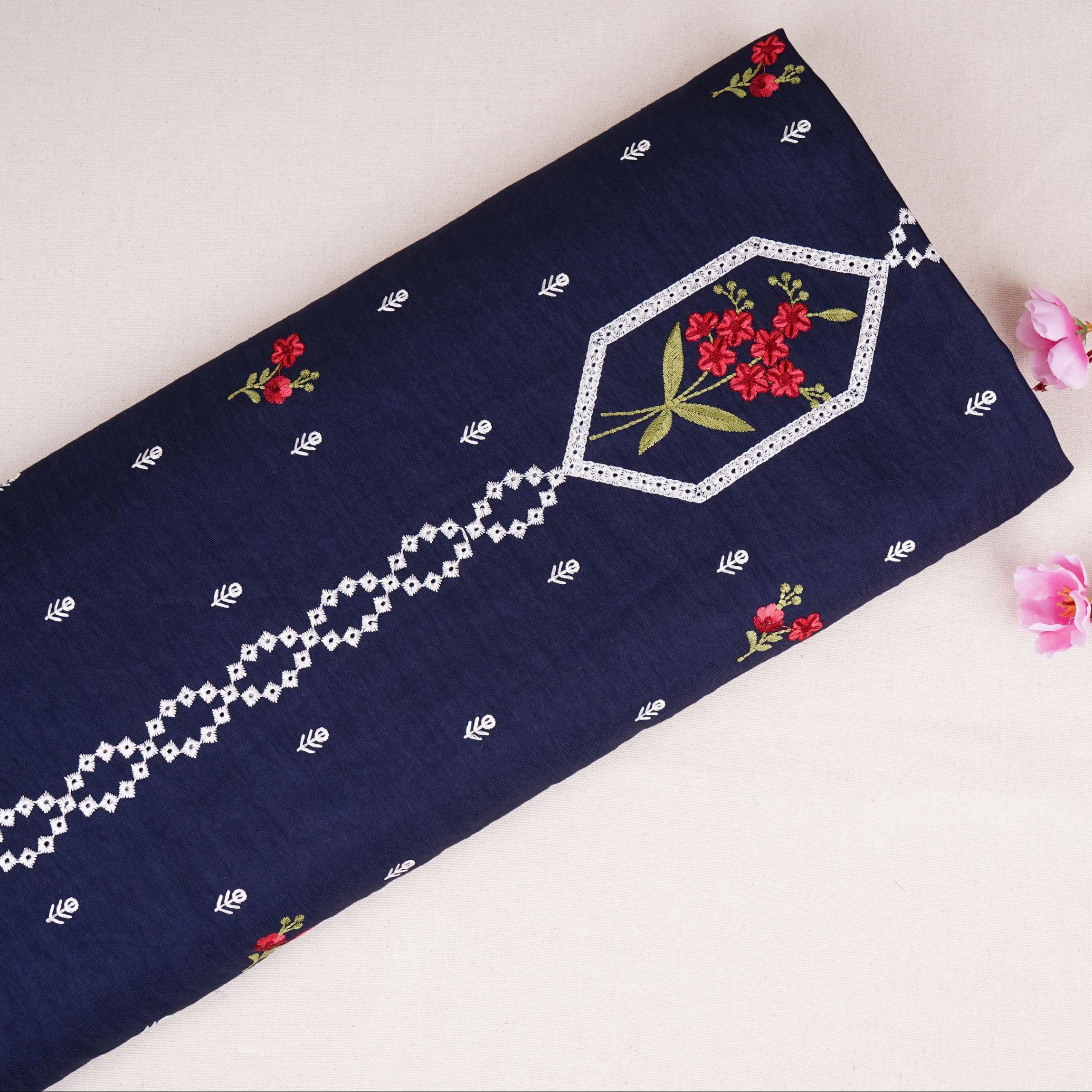 Navy Blue Floral Embroidery Denim Schiffli Fabric AF-30932 - TradeUNO