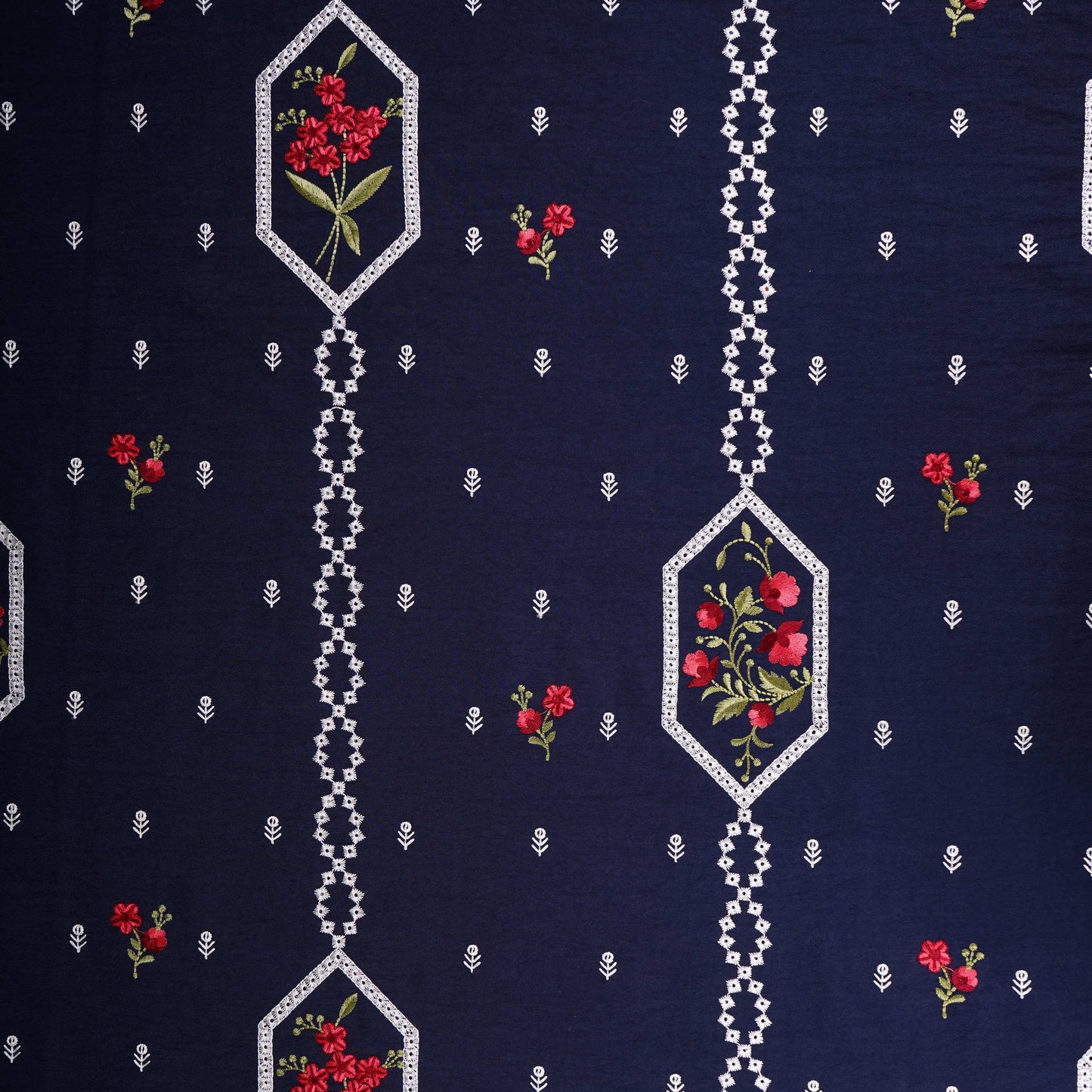 Navy Blue Floral Embroidery Denim Schiffli Fabric AF-30932
