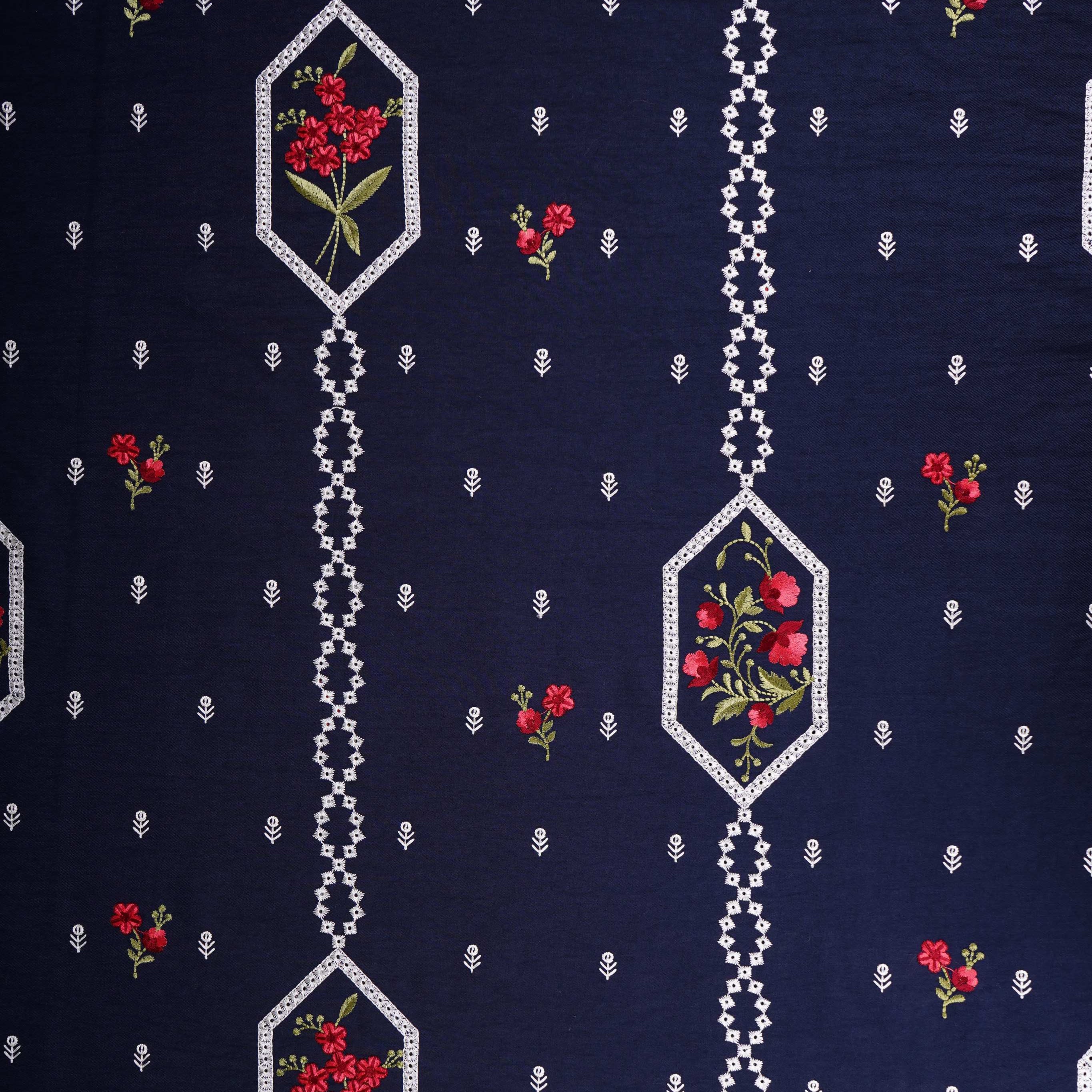 Navy Blue Floral Embroidery Denim Schiffli Fabric AF-30932 - TradeUNO