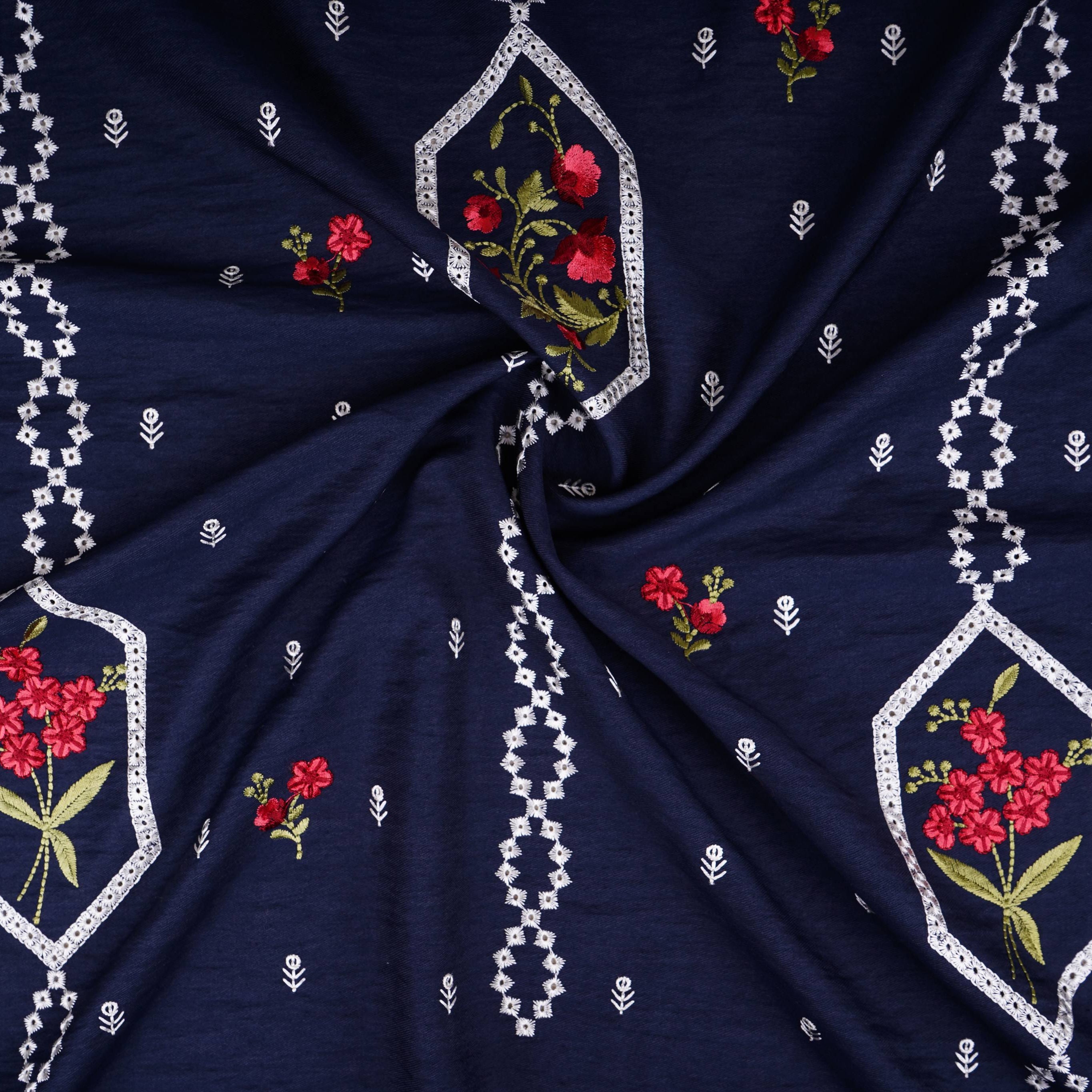 Navy Blue Floral Embroidery Denim Schiffli Fabric AF-30932 - TradeUNO
