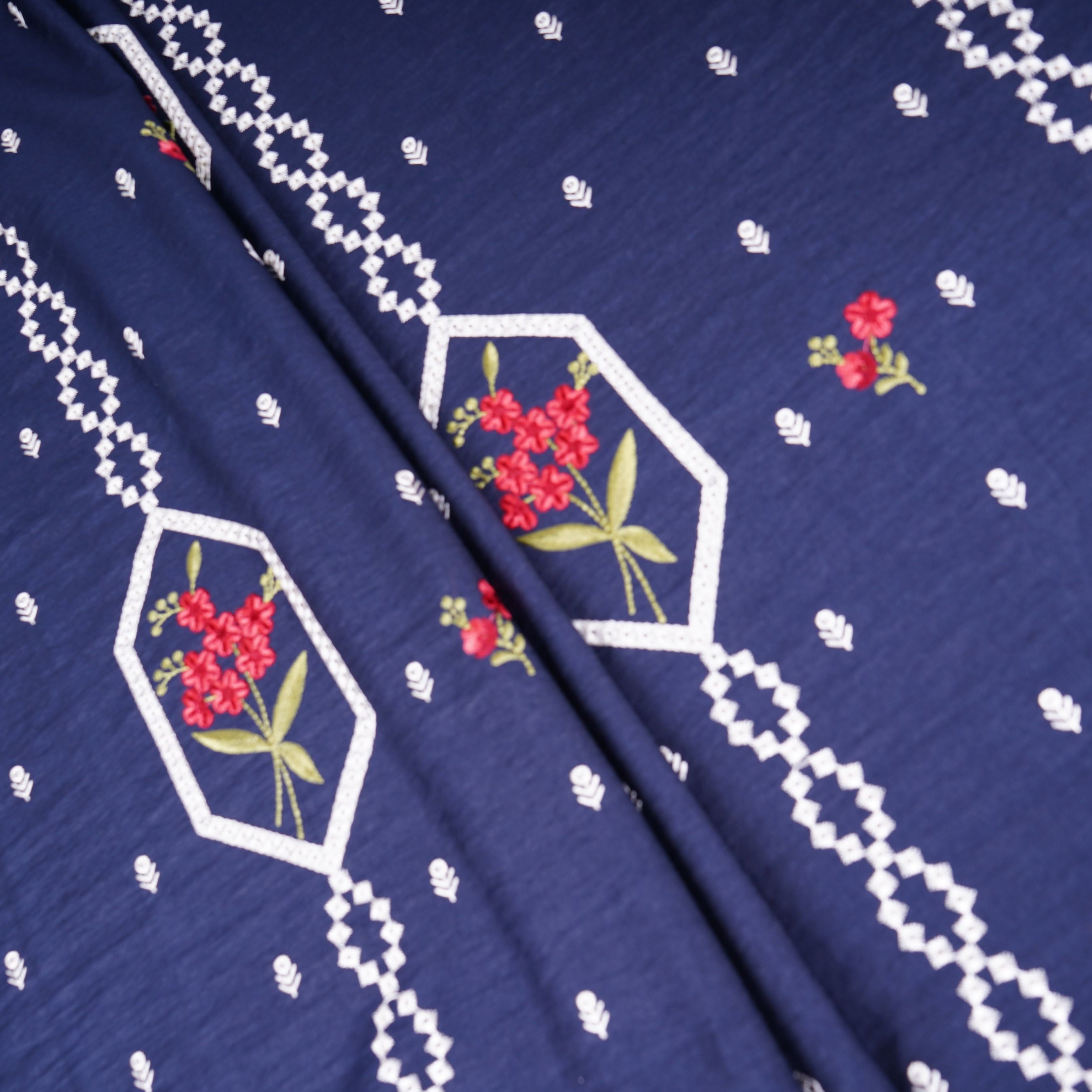 Navy Blue Floral Embroidery Denim Schiffli Fabric AF-30932 - TradeUNO
