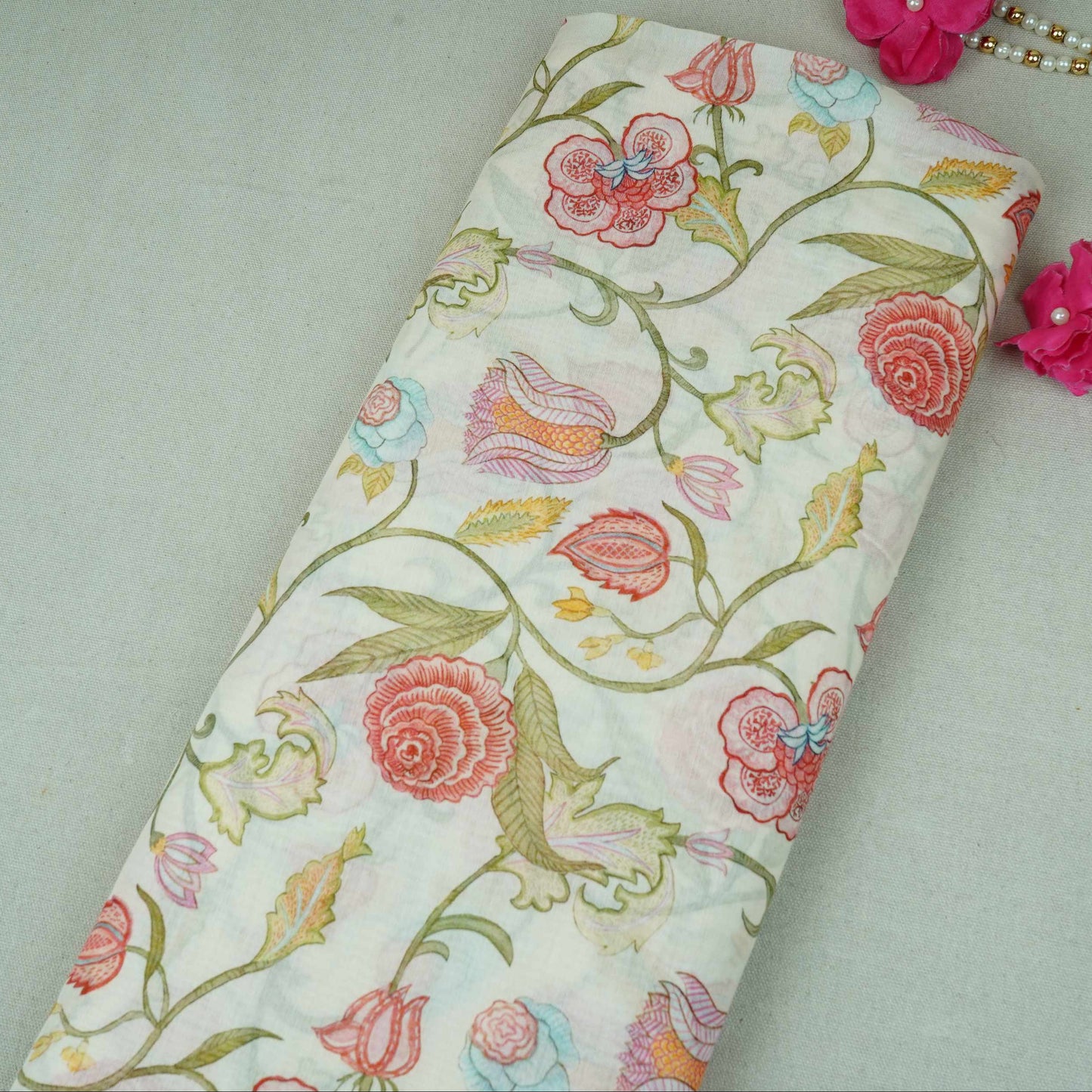 Off White Chintz Floral Print Mul Chanderi Fabric GTS-30504