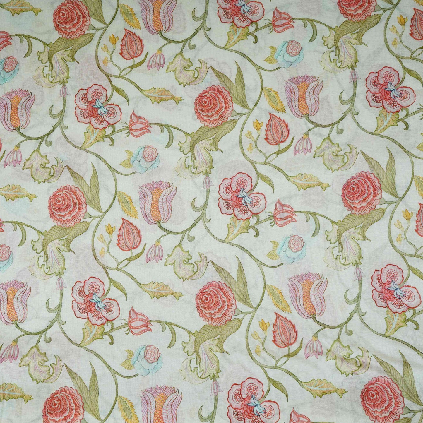 Off White Chintz Floral Print Mul Chanderi Fabric GTS-30504