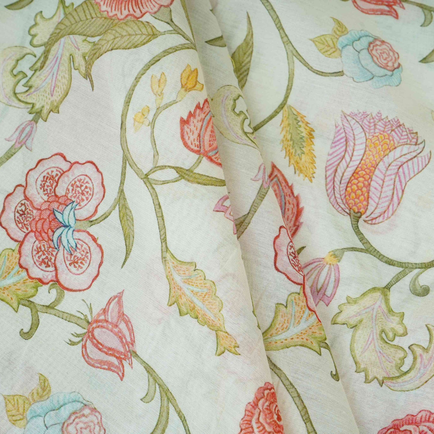 Off White Chintz Floral Print Mul Chanderi Fabric GTS-30504