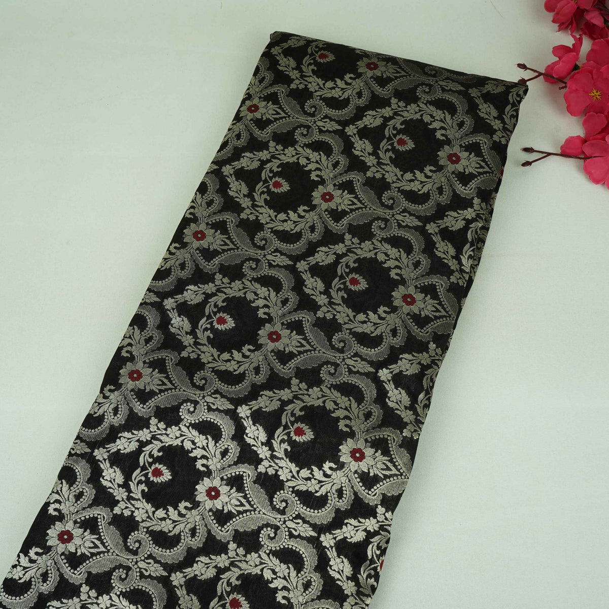 Black Floral Jaal Meena Zari Brocade Fabric HMS-35023