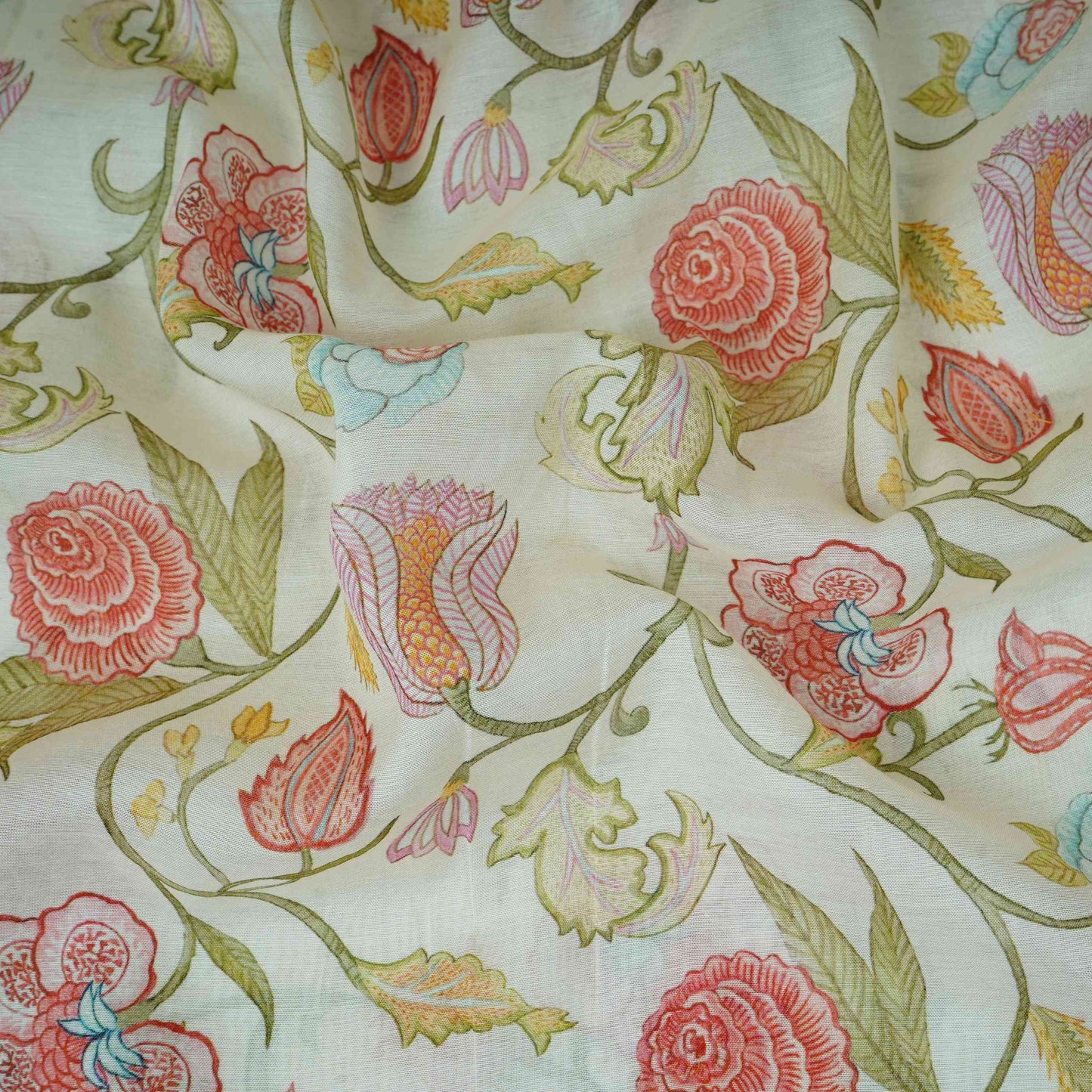 Off White Chintz Floral Print Mul Chanderi Fabric GTS-30504