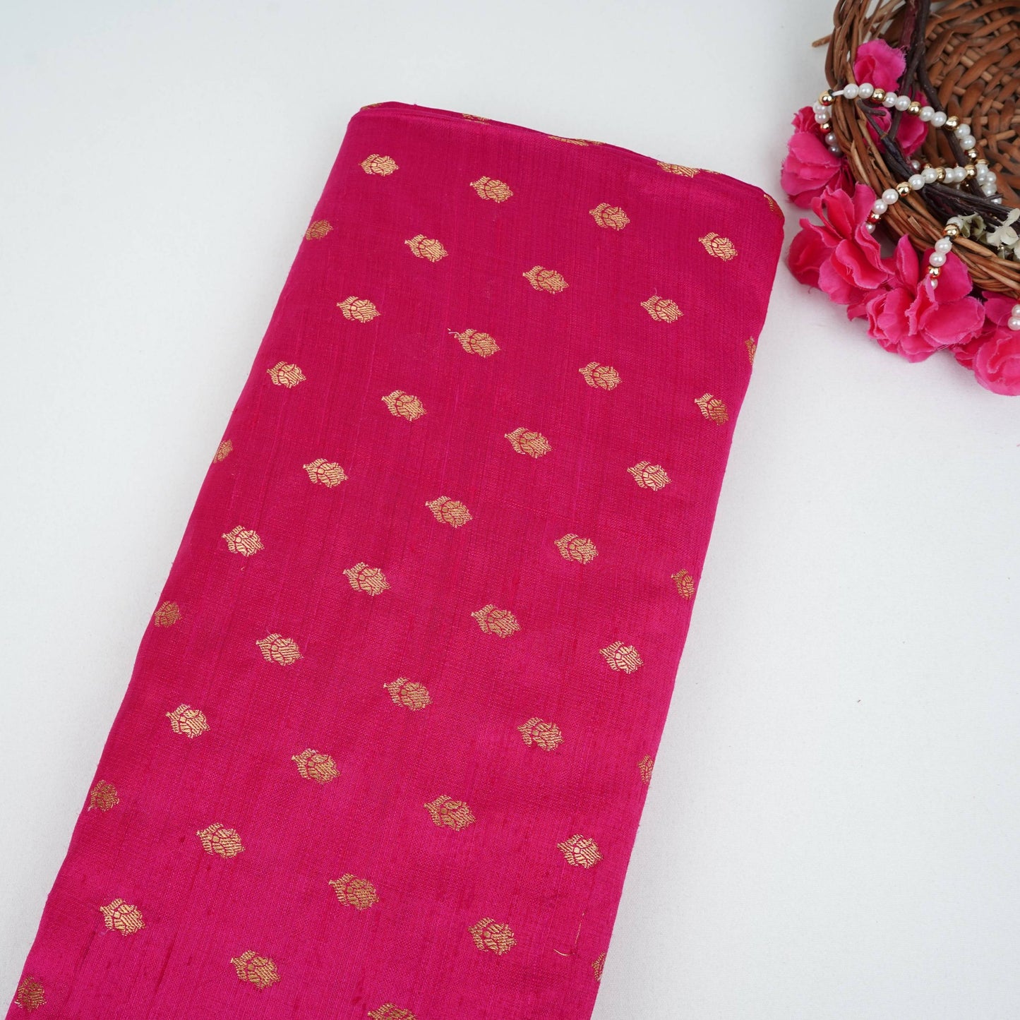 Fuchsia Pink With Golden Buti Raw Silk Fabric CW-32517