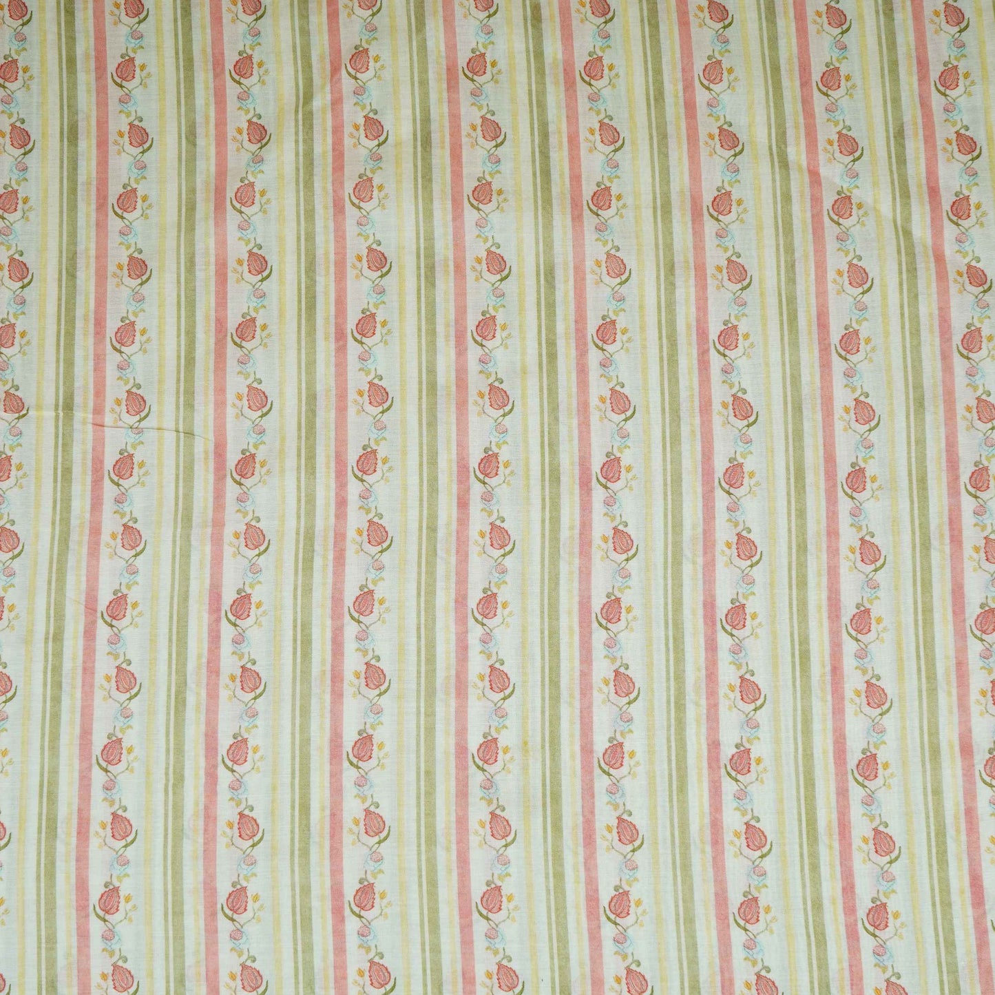 Off White & Green Floral Stripes Print Mul Chanderi Fabric GTS-30505