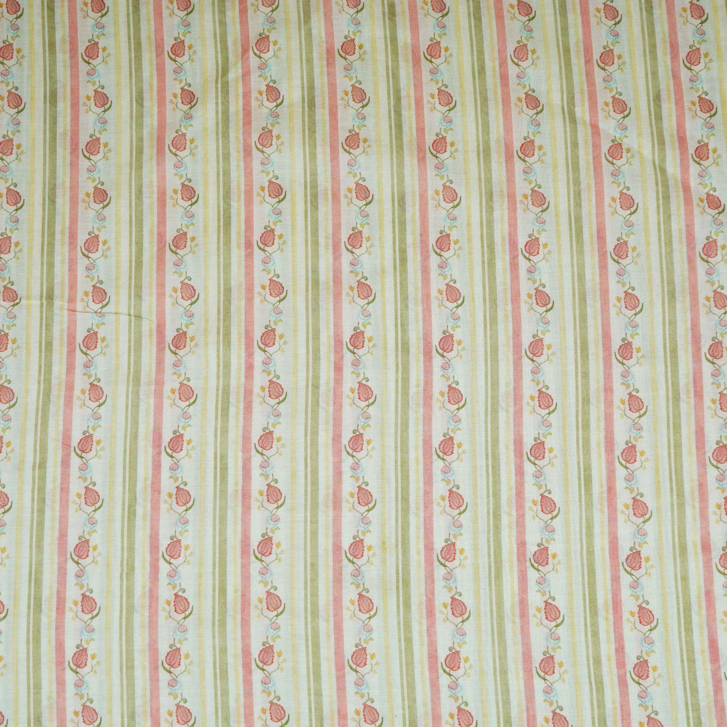 Off White & Green Floral Stripes Print Mul Chanderi Fabric GTS-30505 - TradeUNO