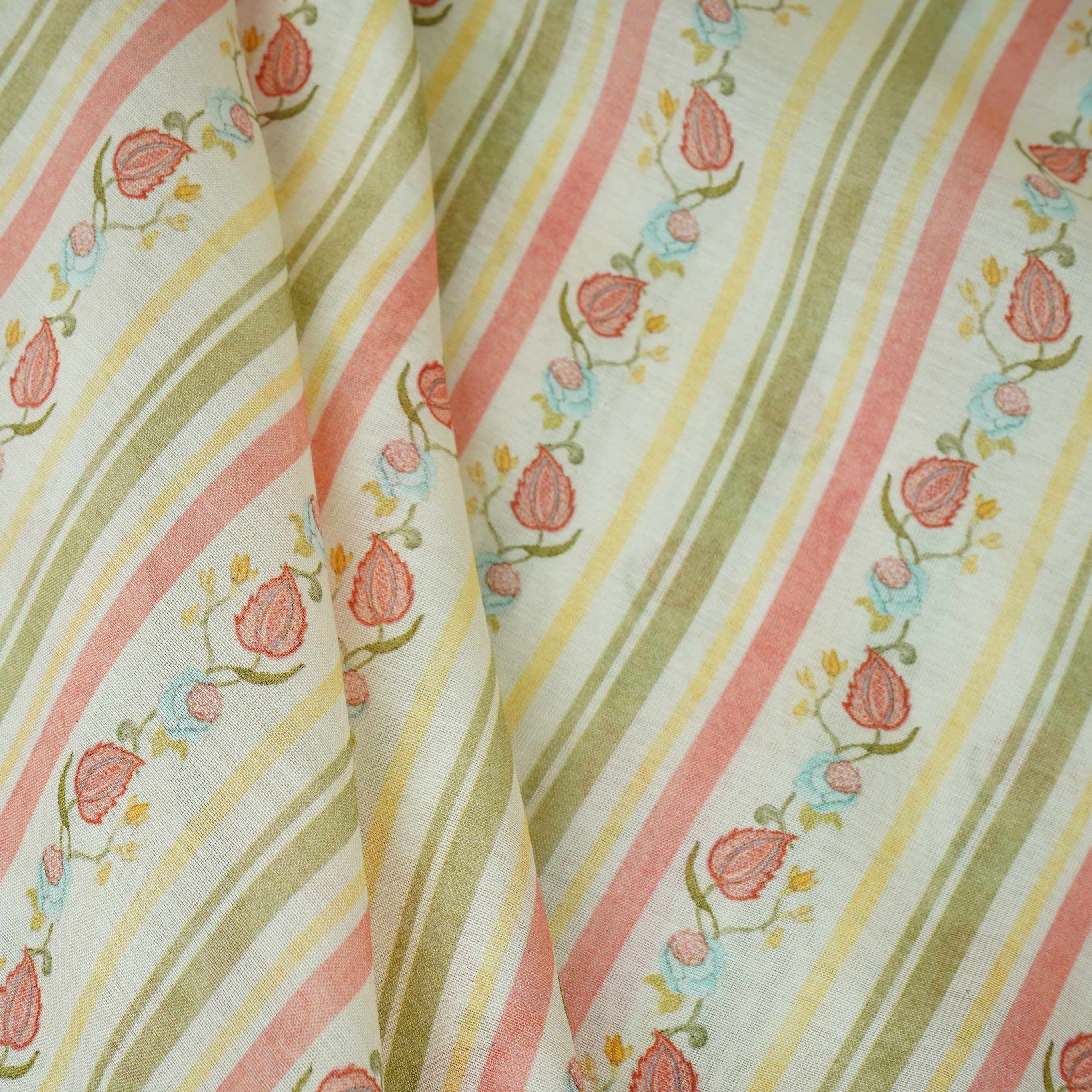 Off White & Green Floral Stripes Print Mul Chanderi Fabric GTS-30505 - TradeUNO