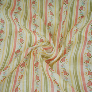 Off White & Green Floral Stripes Print Mul Chanderi Fabric GTS-30505 - TradeUNO