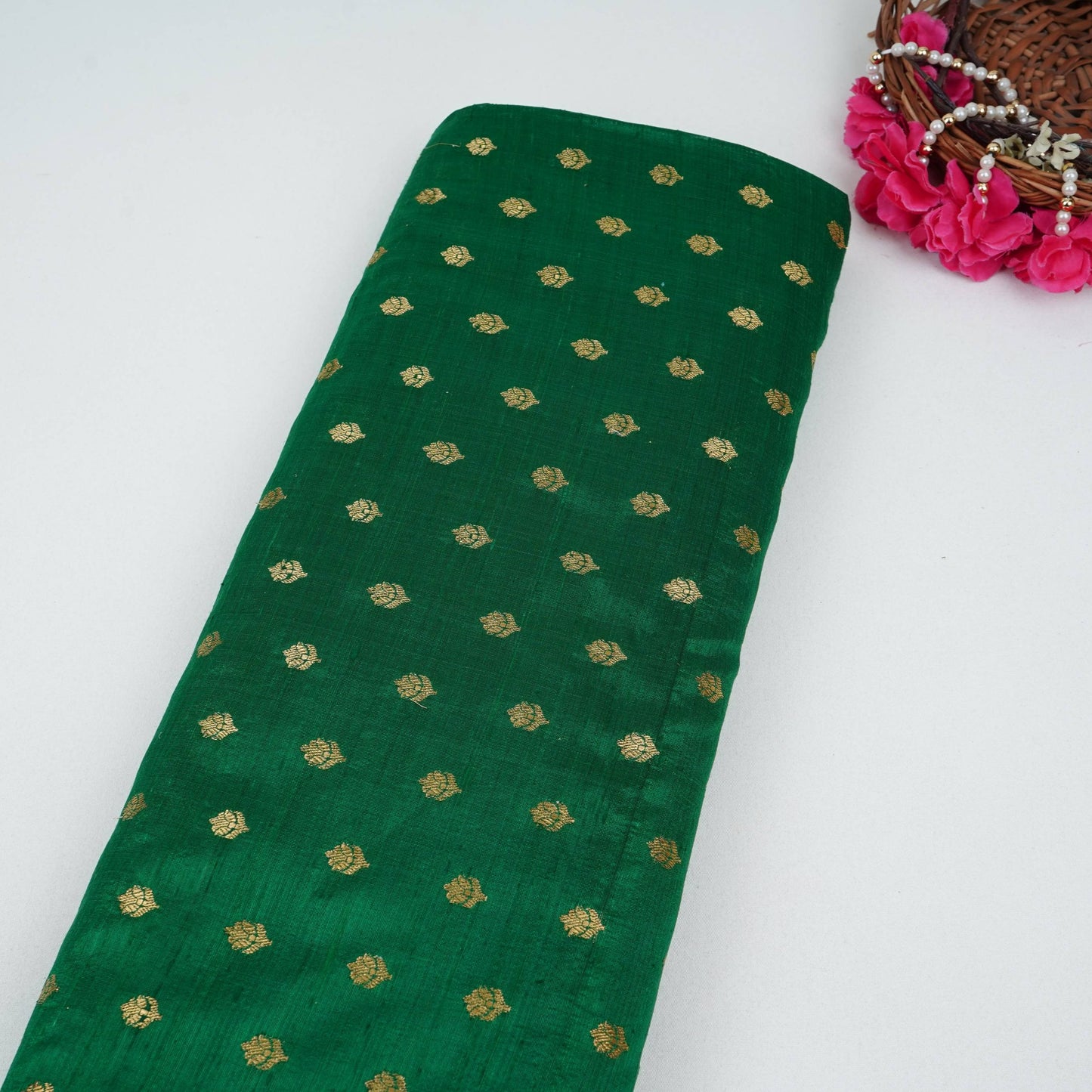 Green With Golden Buti Raw Silk Fabric CW-32518