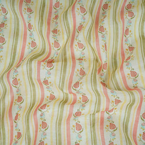 Off White & Green Floral Stripes Print Mul Chanderi Fabric GTS-30505 - TradeUNO