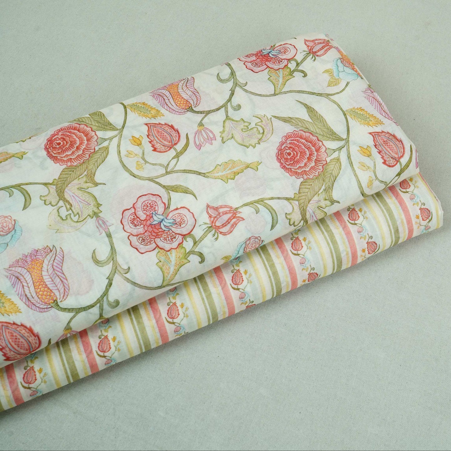 Off White Chintz Floral Print Mul Chanderi Fabric GTS-30504