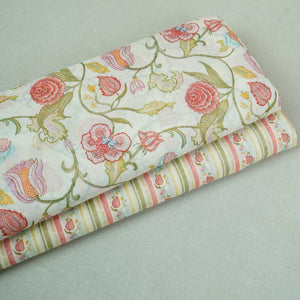 Off White & Green Floral Stripes Print Mul Chanderi Fabric GTS-30505 - TradeUNO