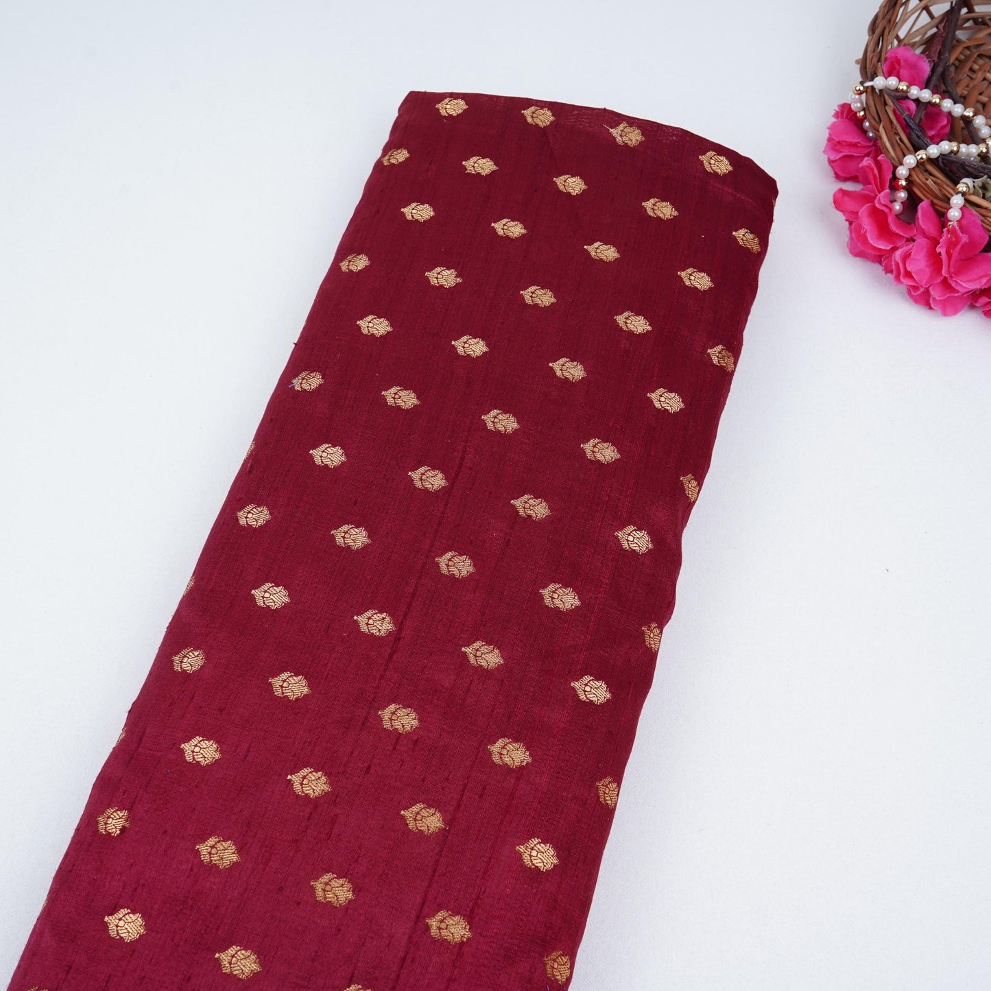 Maroon With Golden Buti Raw Silk Fabric CW-32512
