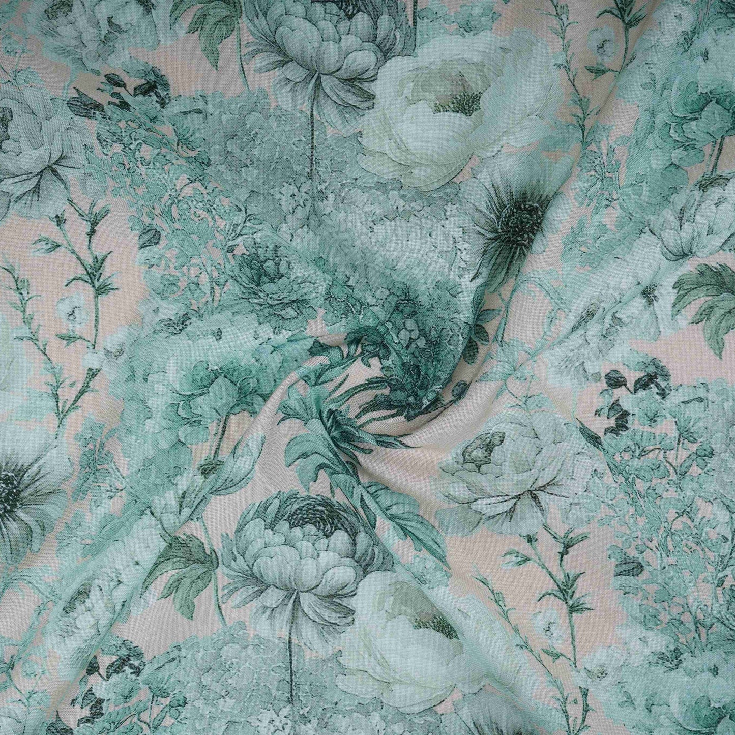 Teal Green Floral Print Cotton Linen Fabric RT-30964
