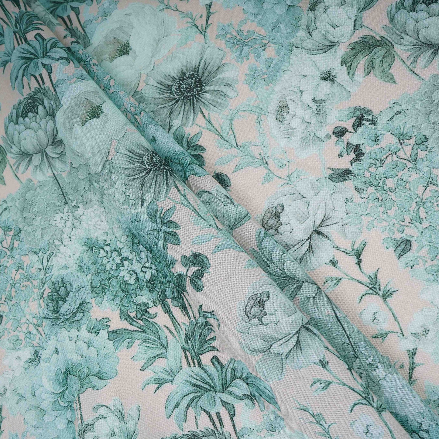 Teal Green Floral Print Cotton Linen Fabric RT-30964