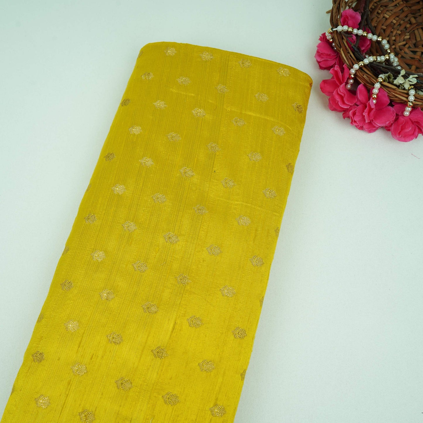 Yellow With Golden Buti Raw Silk Fabric CW-32515