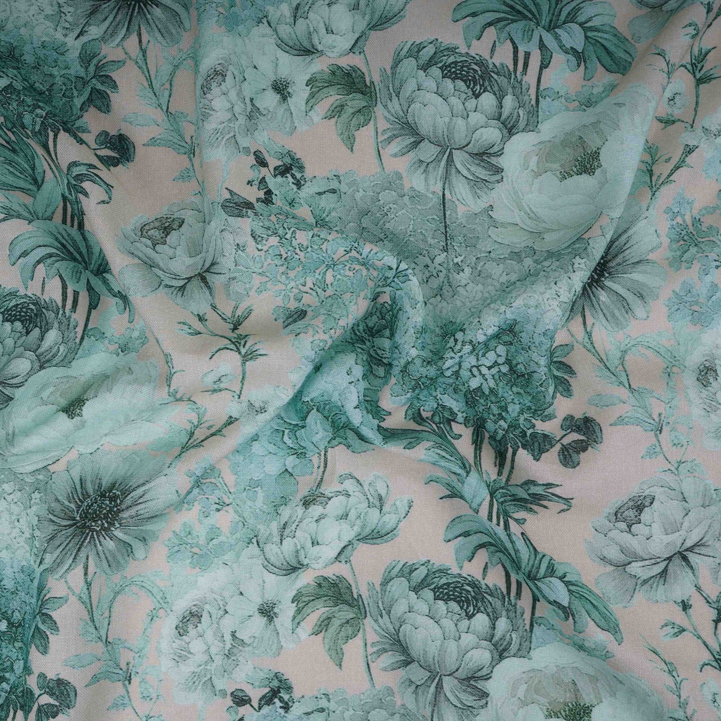 Teal Green Floral Print Cotton Linen Fabric RT-30964