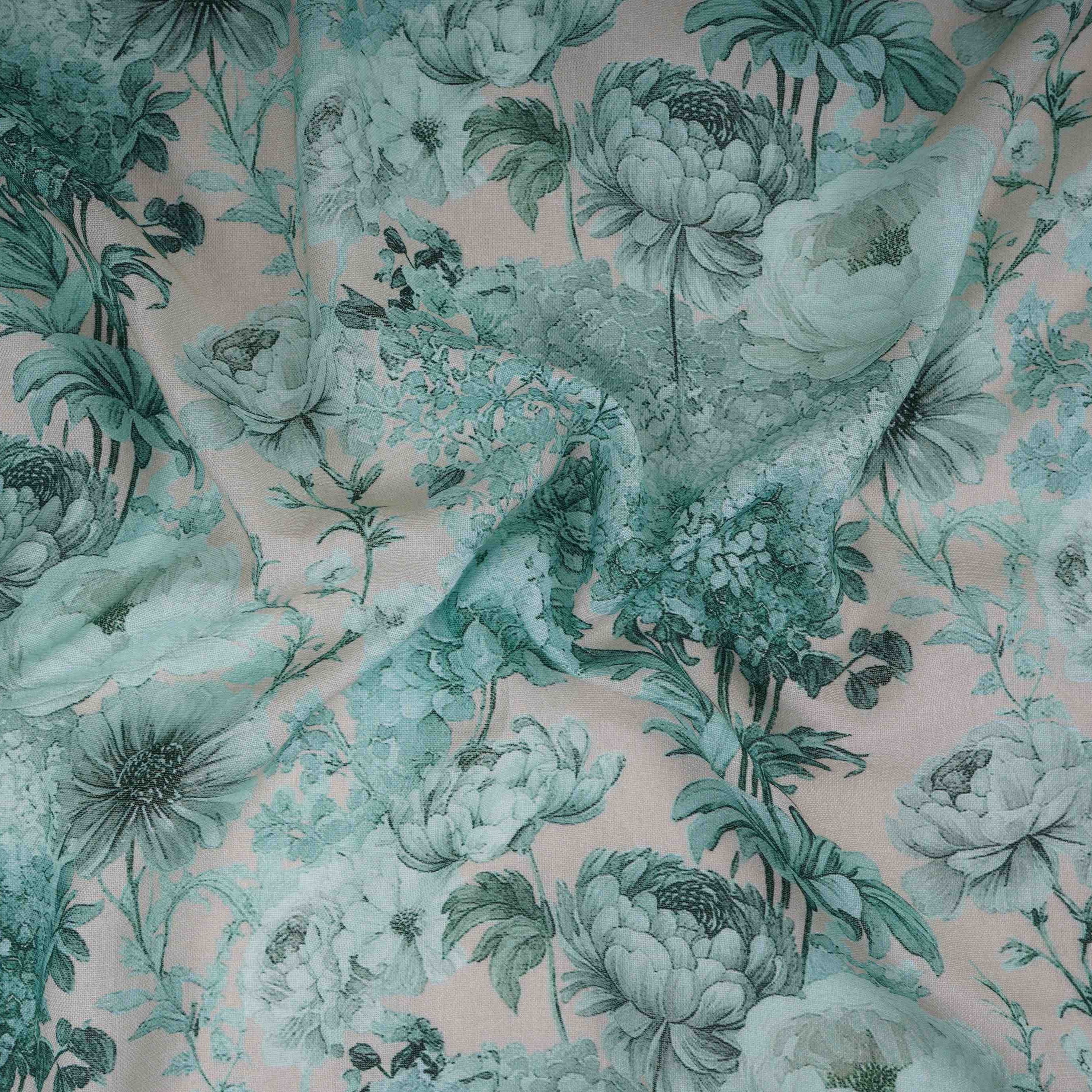 Teal Green Floral Print Cotton Linen Fabric RT-30964 - TradeUNO