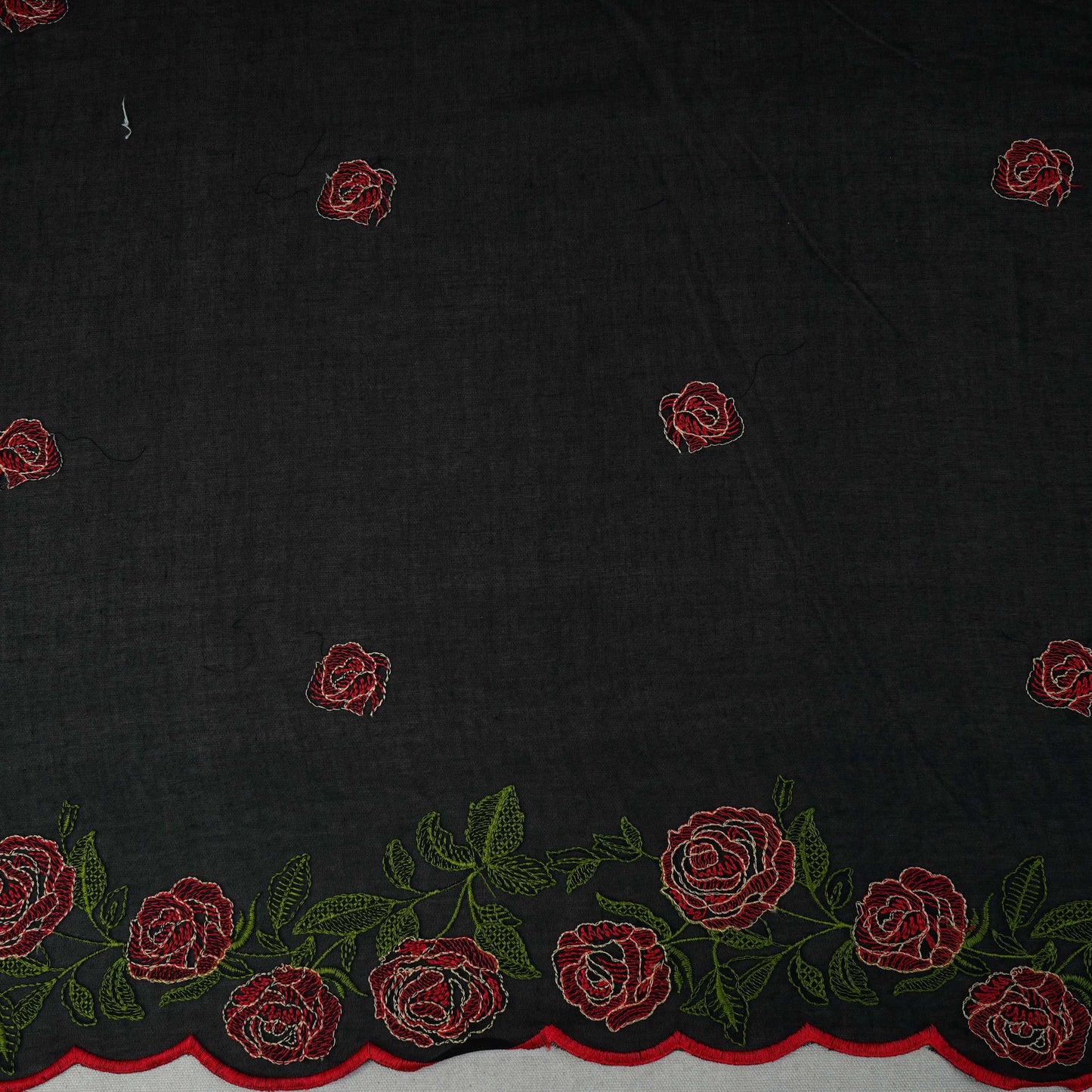 Black Border Floral Embroidery Pure Cotton Fabric MJF-30668