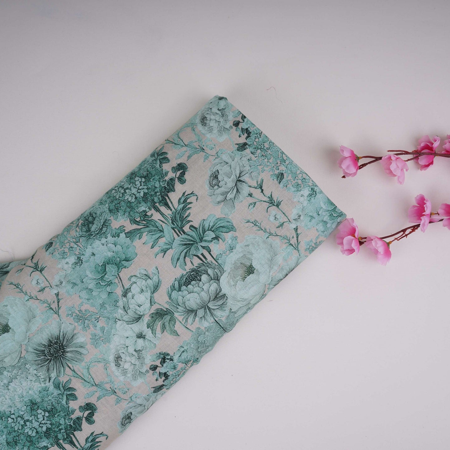 Teal Green Floral Print Cotton Linen Fabric RT-30964