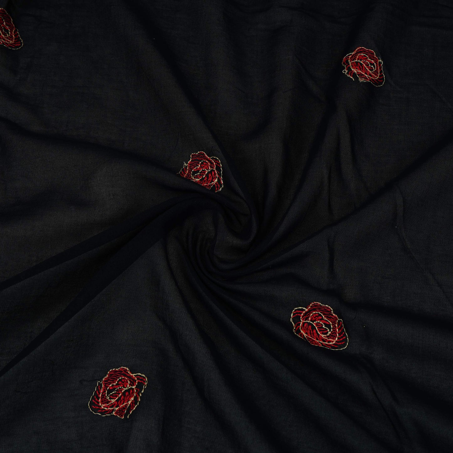 Black Border Floral Embroidery Pure Cotton Fabric MJF-30668