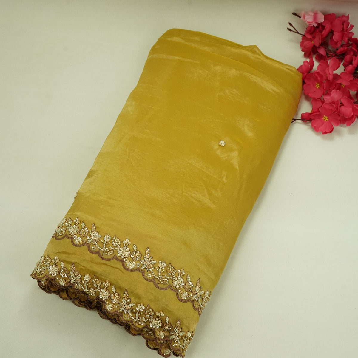 Yellow Floral Buti Cutdana Embroidery Kanjivaram Tissue Fabric VI-34998
