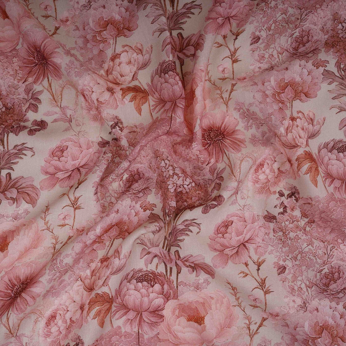 Cream Floral Print Cotton Linen Fabric RT-30978
