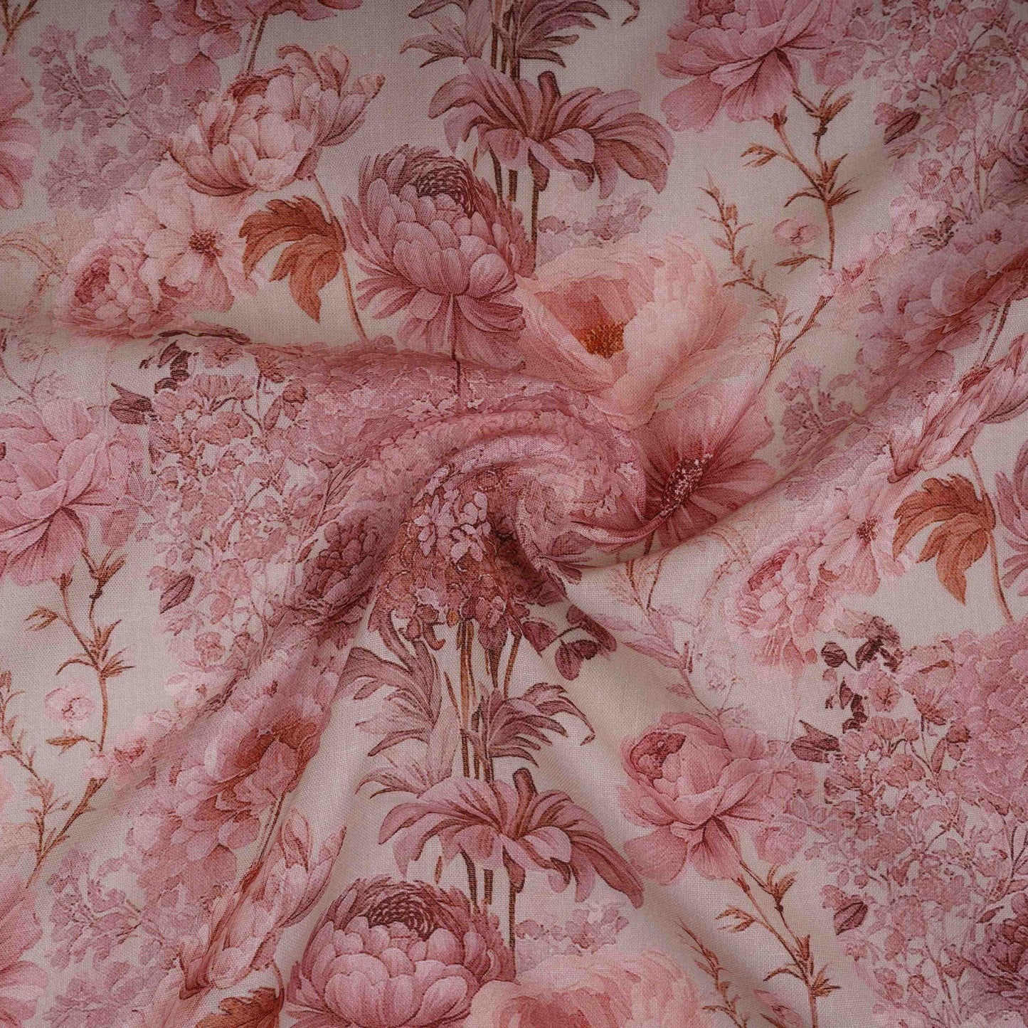 Cream Floral Print Cotton Linen Fabric RT-30978
