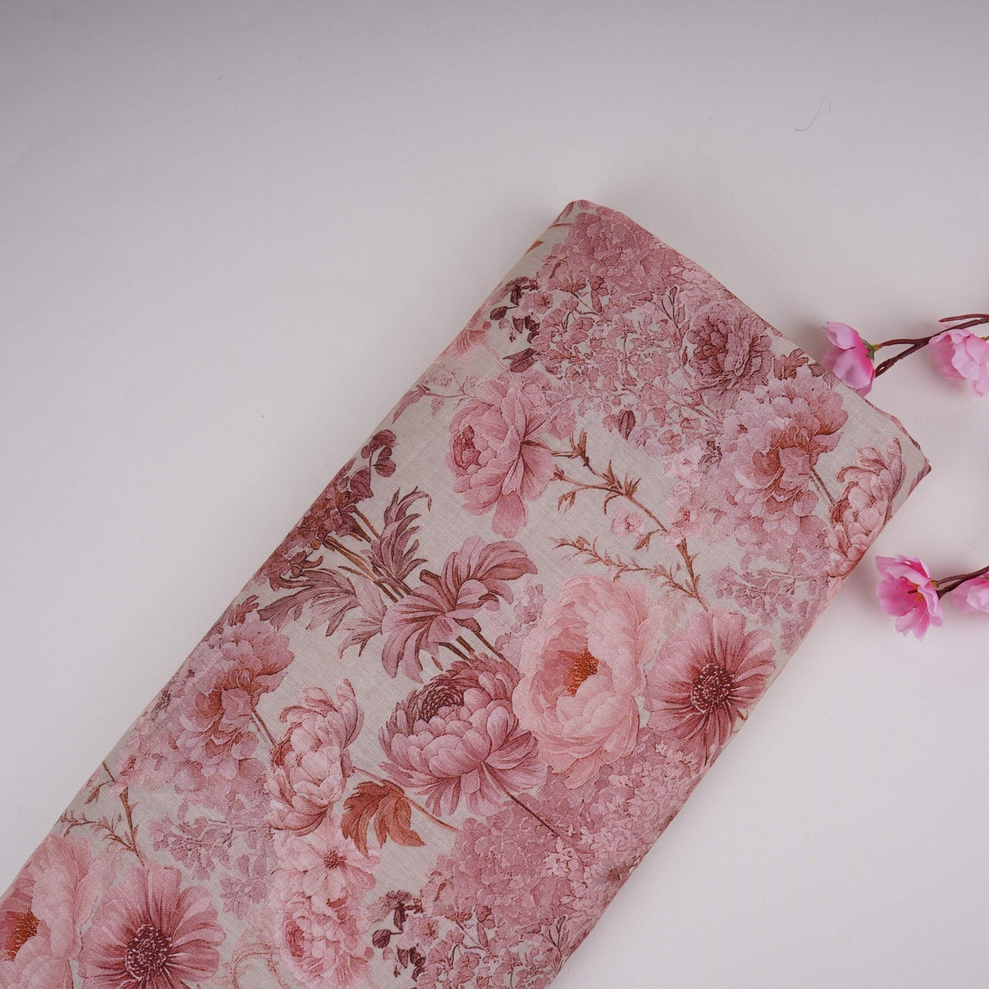 Cream Floral Print Cotton Linen Fabric RT-30978