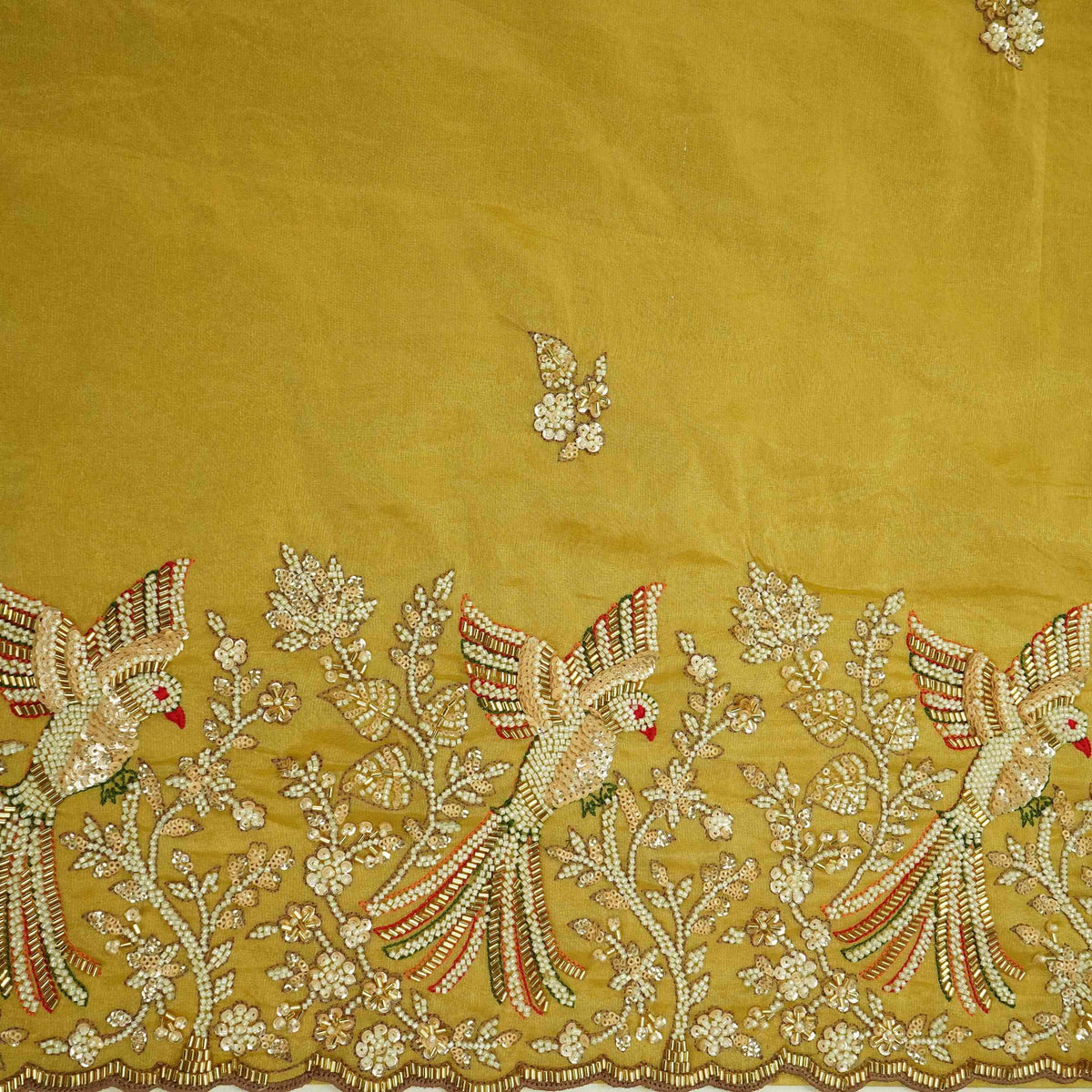 Yellow Bird Cutdana Embroidery Kanjivaram Tissue Fabric VI-34997