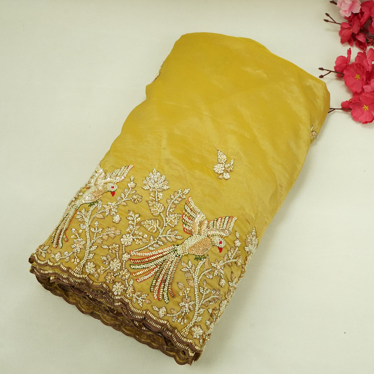 Yellow Bird Cutdana Embroidery Kanjivaram Tissue Fabric VI-34997