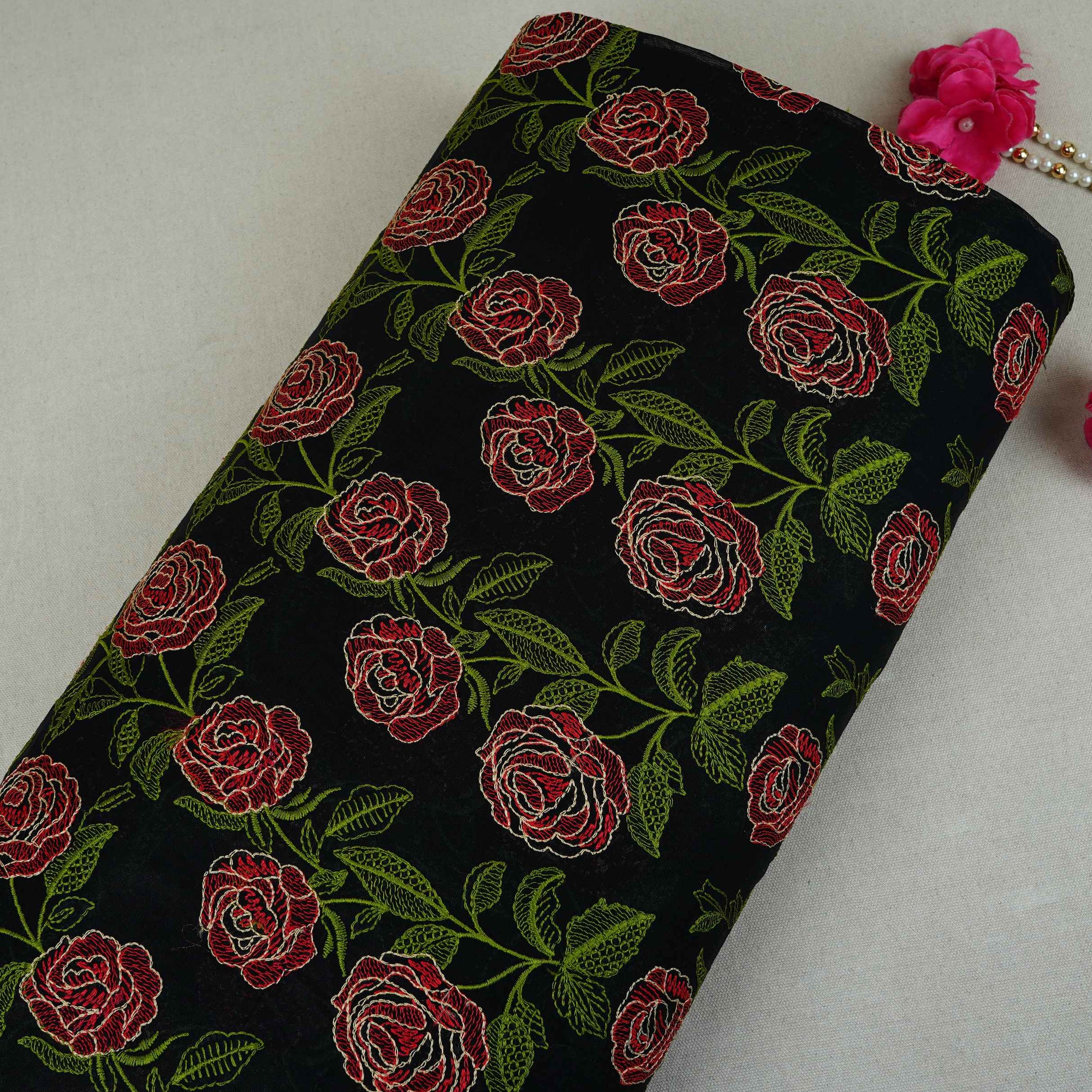Black Floral Embroidery Pure Cotton Fabric MJF-30667 - TradeUNO