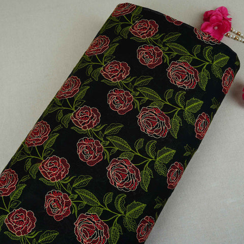 Black Floral Embroidery Pure Cotton Fabric MJF-30667