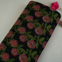 Black Floral Embroidery Pure Cotton Fabric MJF-30667