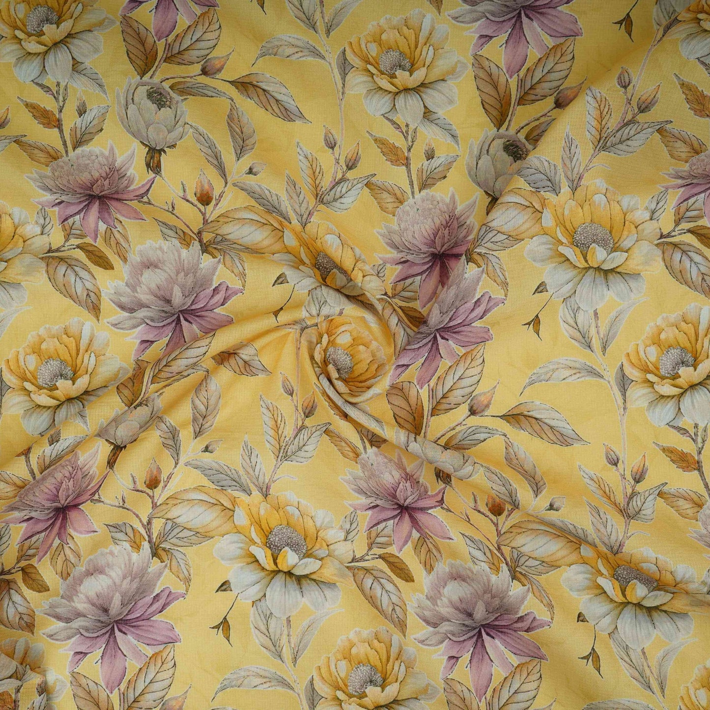 Yellow Floral Print Cotton Linen Fabric RT-30962