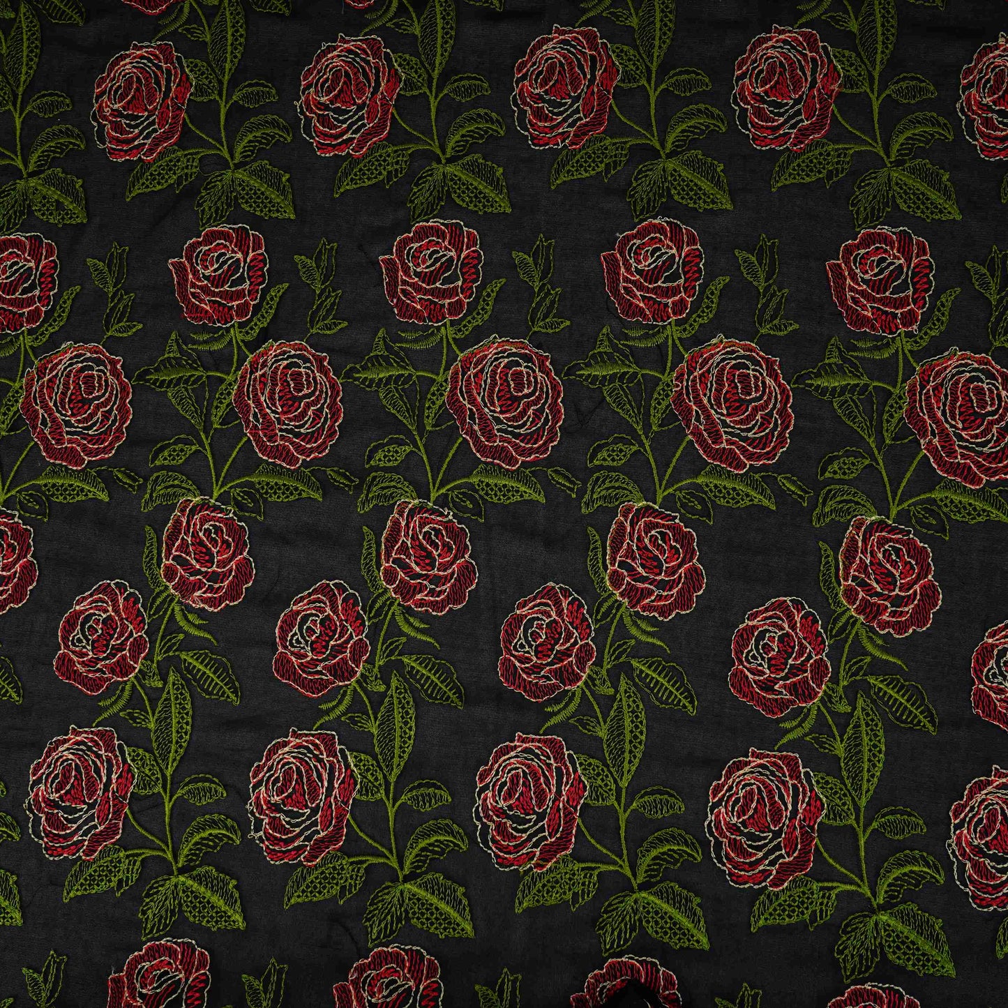 Black Floral Embroidery Pure Cotton Fabric MJF-30667